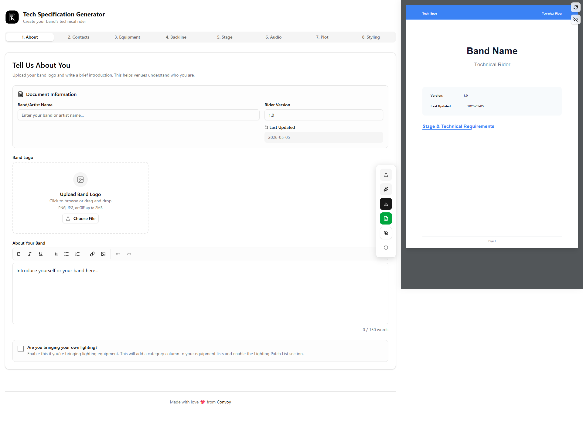 Rider tool interface for building technical riders